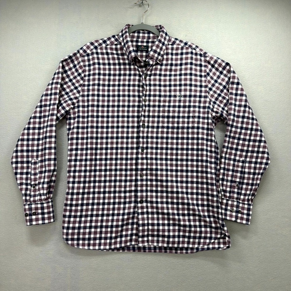 Fish Hippie Rumfront Flannel Shirt Men Large White Blue Plaid Check Oxford